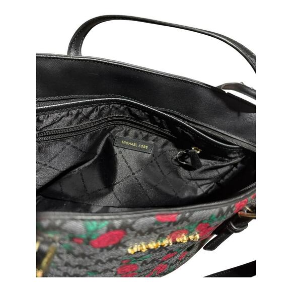 Michael Kors Tote Bag Black Rose Floral MK Monogram Satchel Handbag Purse - Picture 7 of 12